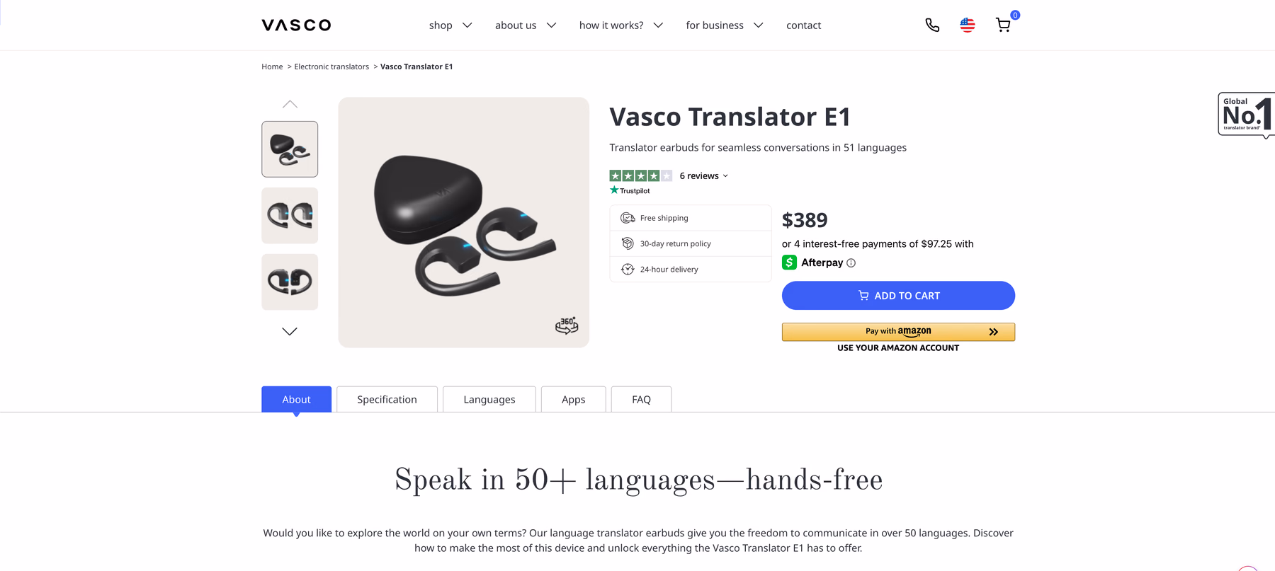 Trang tai nghe phiên dịch Vasco Translator E1