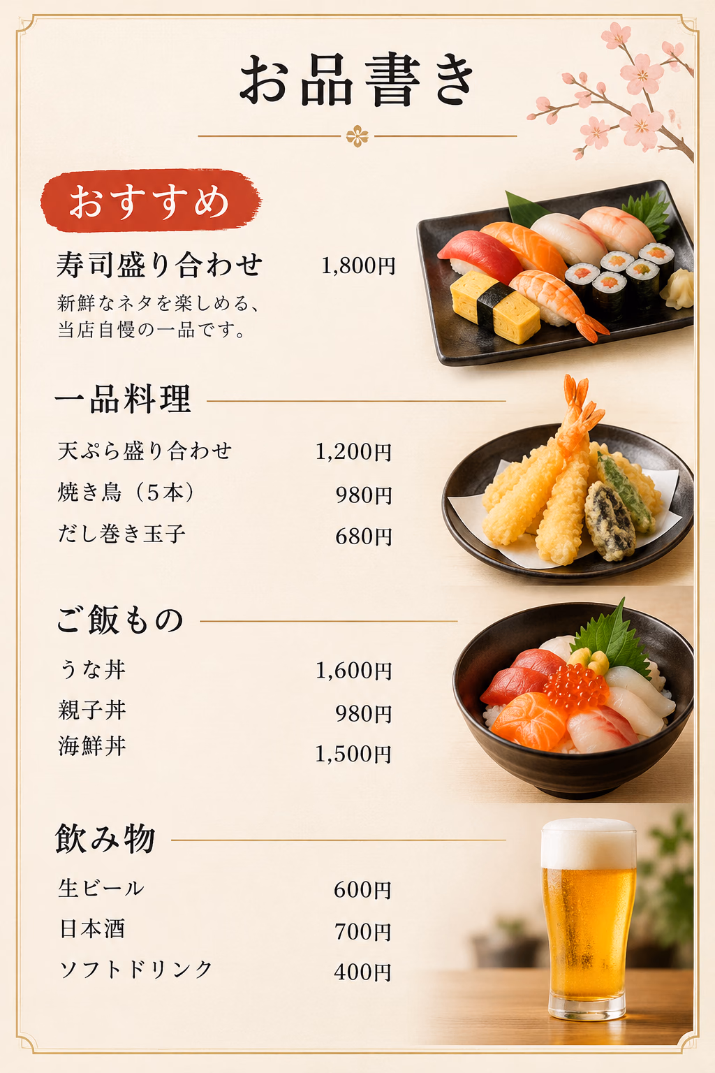 レストランのメニュー例